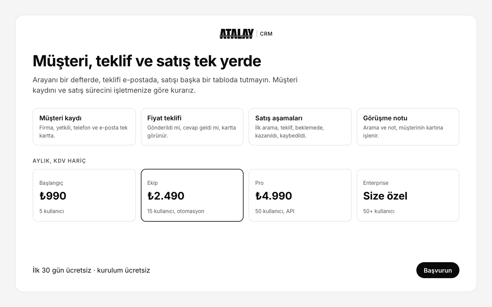 Atalay CRM: müşteri kaydı, fiyat teklifi, satış aşamaları ve görüşme notu; aylık paketler ve başvuru