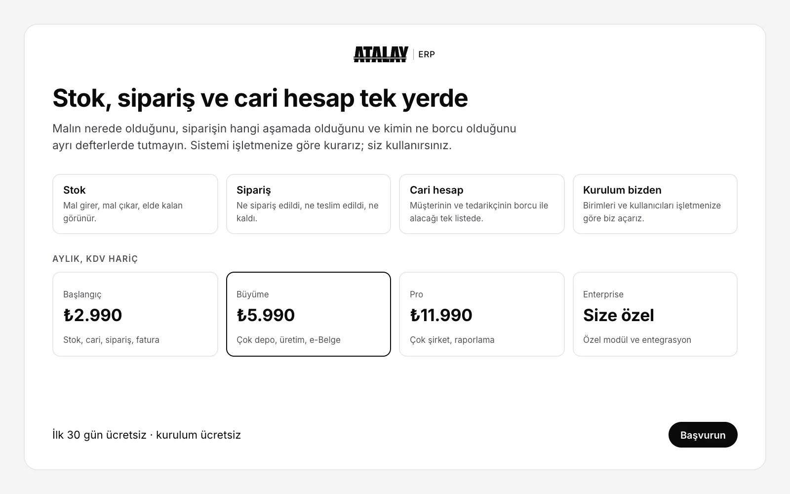 Atalay ERP: stok, sipariş, cari hesap ve kurulum; aylık paketler ve başvuru